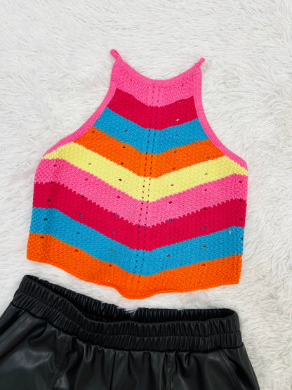 Multi Color Block Halter Neck Sweater Top