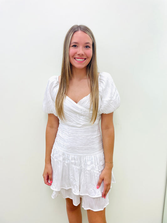Silky White Balloon Sleeve Dress