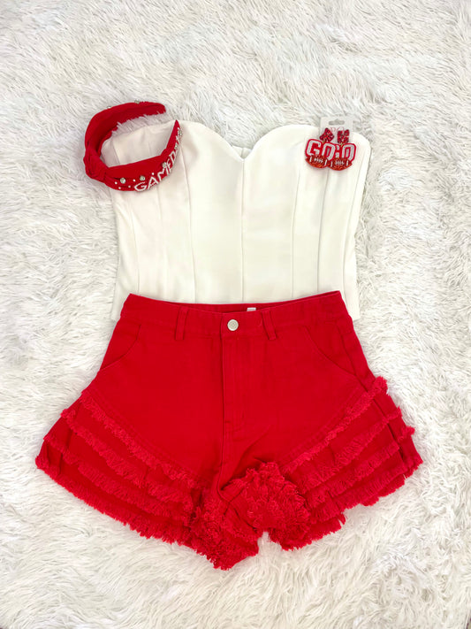 Red Washed Multi Tiered Denim Shorts