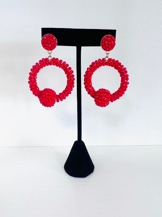 Red Beaded Circle Earrings